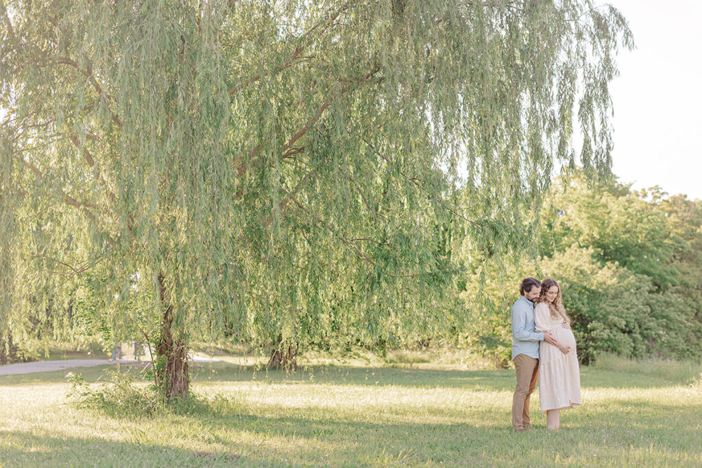 Softly lit maternity photo of an expecting mother under tall trees in an Arkansas park.